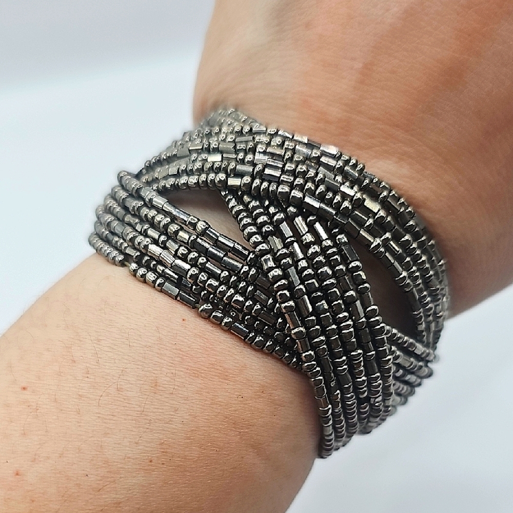 5/$25 Vintage Handmade Hematite Colored Beaded Cuff Bracelet